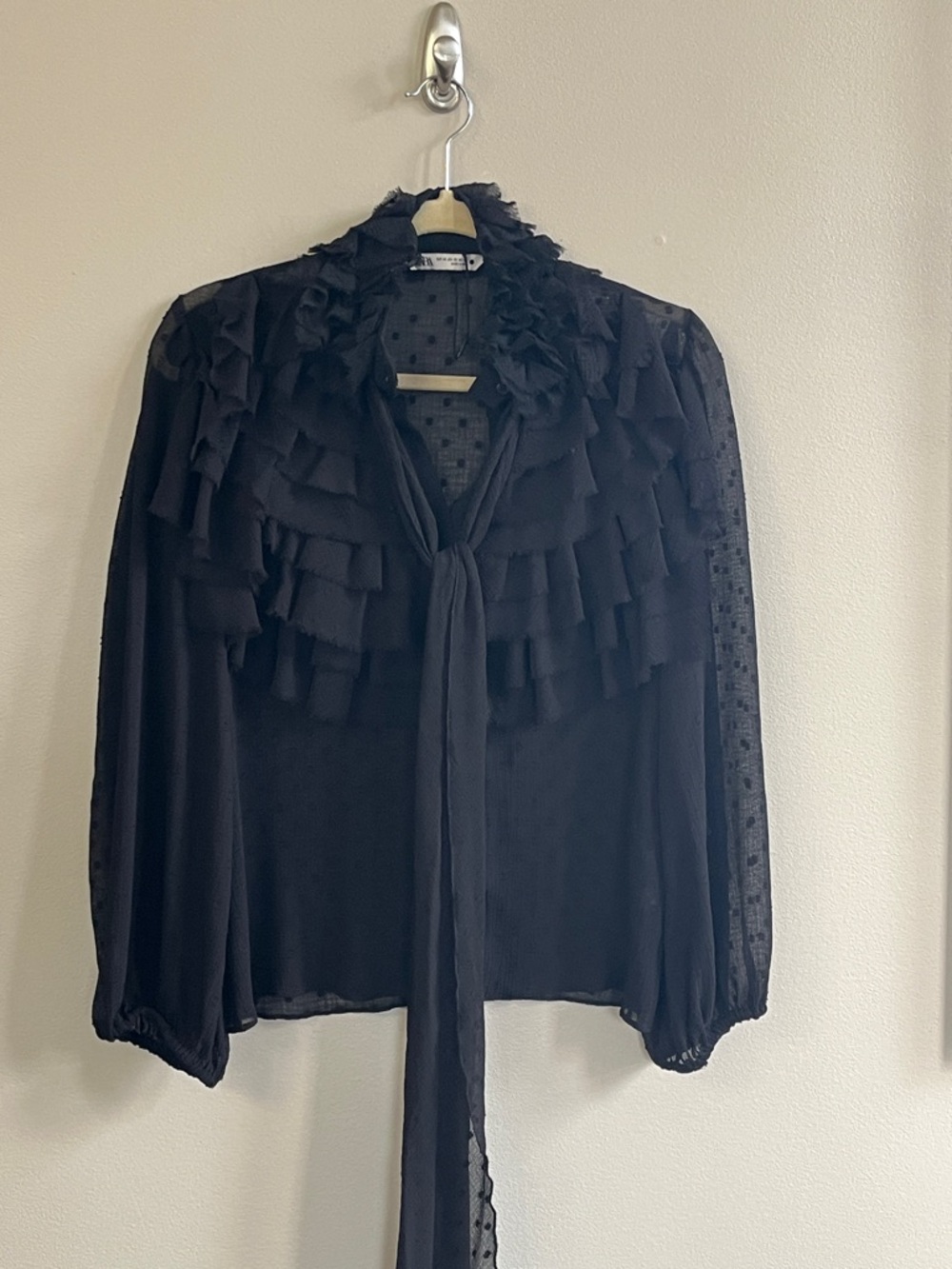 Zara Black Ruffle Neck Tie Long Sleeve Polka Dot Sheer Blouse size XS